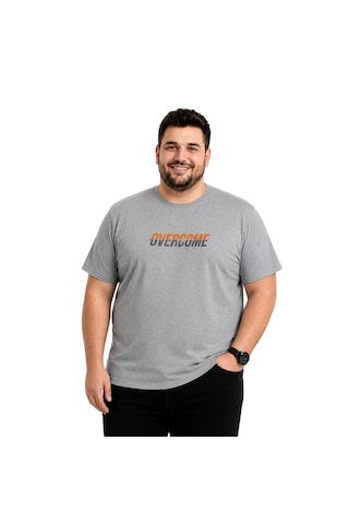 Battalmoda Erkek Büyük Beden Melanj Gri Bisiklet Yaka Kısa Kollu Overcome Tişört 3xl-4xl-5xl-6xl