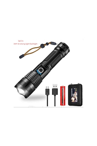 Qingmipy Xhp50 Led Alyuminyum El Feneri, Usb Şarjlı, Güç Göstergeli, 500 Metre Menzil, Yakın-uzak Zoom Fonksiyonu İle Çıplak Kutu Fener + Usb Kablosu
