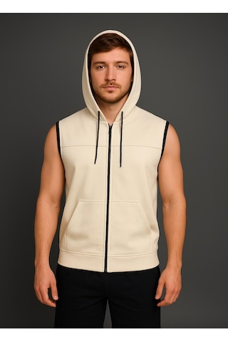 Axxel Erkek Krem Fermuarlı Kapüşonlu Kanguru Cepli Kolsuz Yelek-y1142 Krem