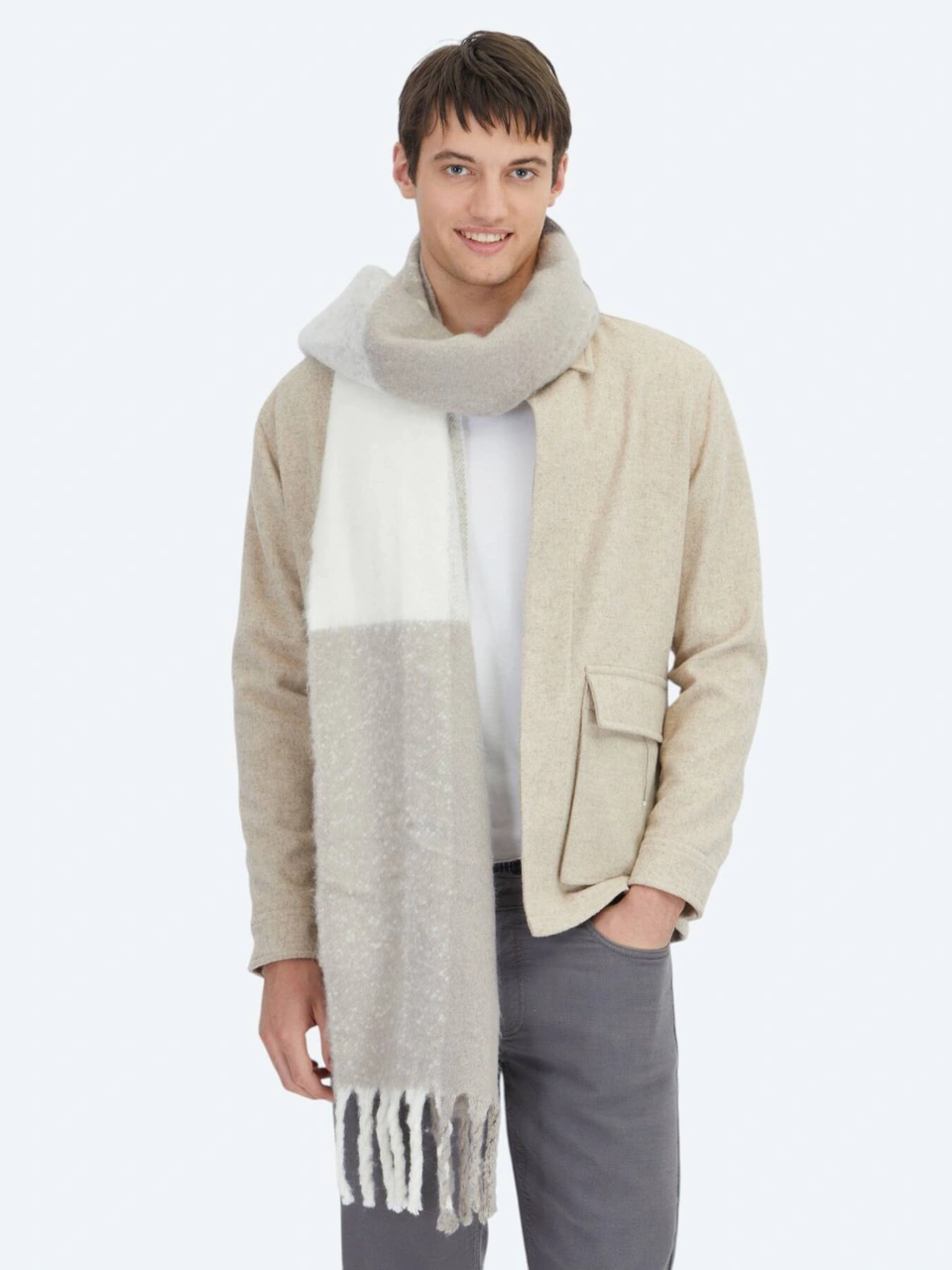 Kip Bej Oversize Fit Dokuma Yün Karışımlı Overshırt Bej
