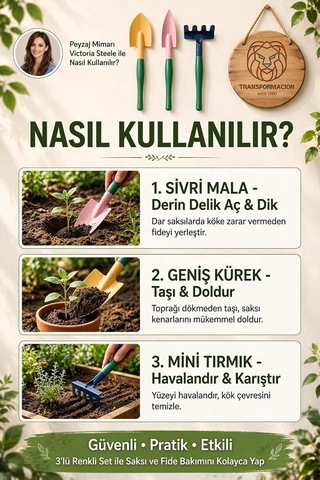 Premium 3'lü Hobi Bahçe Seti Renkli Metal El Küreği Ve Tırmık Takımı 723604