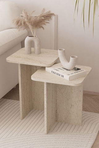 Kare Zigon Sehpa Takımı, 2 Li Set, Yan Sehpa - Traverten Desen