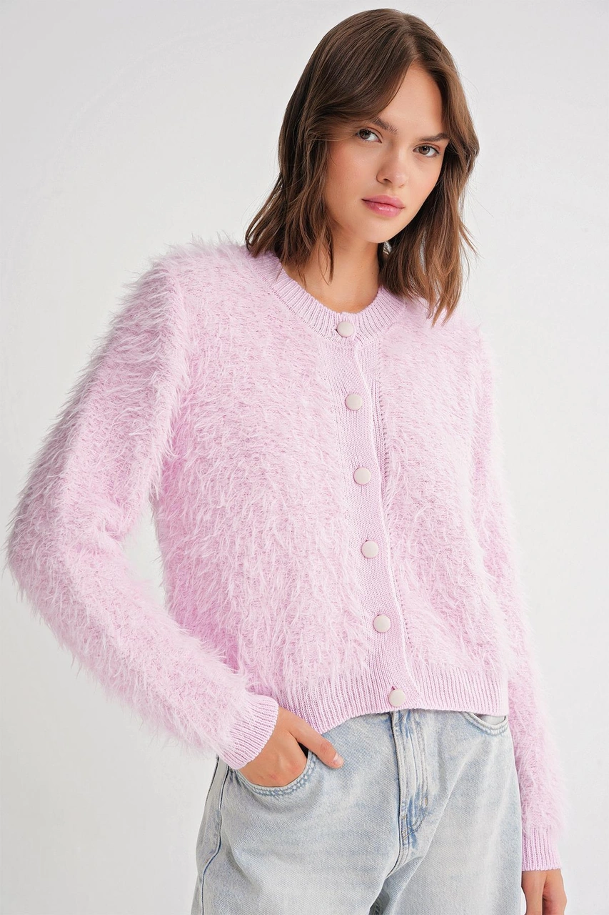 6897 Kadın Uzun Sakallı Bant Detaylı Triko Hırka Pembe Pembe