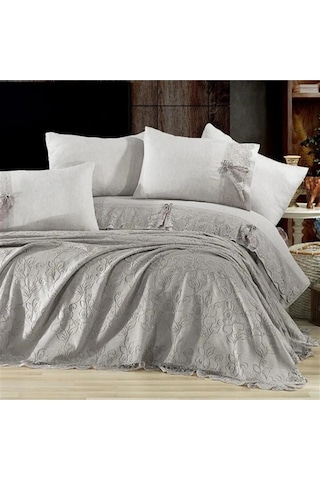 Nazik 7 Parça Pikeli Nevresim Takımı Gelin Seti Rosella Gri Diğer