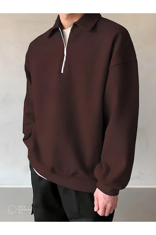 Genıus Store Erkek Polo Yaka Oversize Sweatshirt Yarım Fermuar Sweatshirt Oversıze-sweatshırt Kahverengi