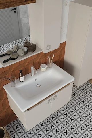 Selvi 80 Cm %100 Mdf Lavabolu Banyo Dolabı Aynalı Dolaplı Üst Dolap Lavabo Boy Dolabı Krem