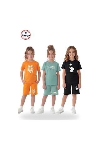 Fyk Kids 3'lü Yuvarlak Yaka Tişört Renkli Kapri Baskı Detaylı 6 Parça Kız Çocuk Alt Üst Takım Turuncu - Mint Yeşili