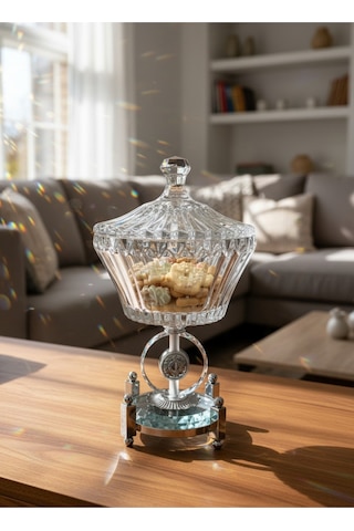 Elta Collection Ultra Lüks Kristal Kapaklı Salata Kasesi Şekerlik Gümüş Detaylı Büyük Kristal Kase Gümüş