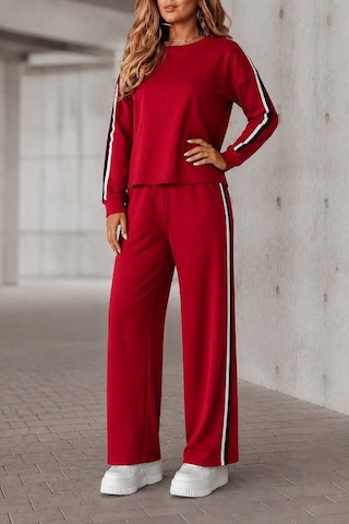 Kadın Kırmızı Şerit Detaylı Bisiklet Yaka Sweatshirt Ve Bol Paça Eşofman Altı İkili Takım