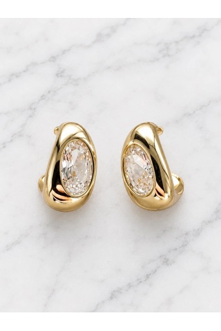 Oval Taşlı Küpe Gold Renk