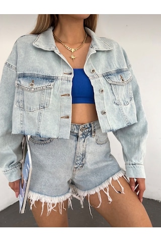Kadın Mavi Oversize Crop Kot Ceket - Altı Kesik Dikişsiz Tasarım Çift Cepli Buz Mavi