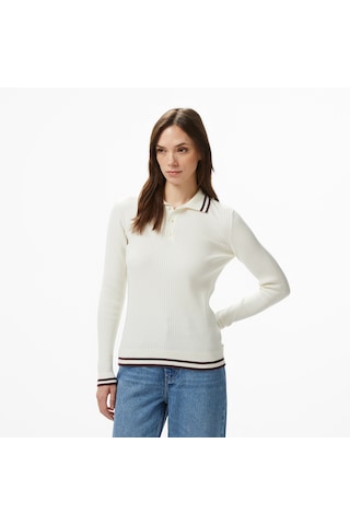 Nautica Kadın Krem Classic Fit Uzun Kollu Polo Yaka T-shirt Düz 57k113t Krem