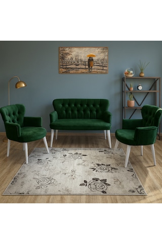 Roma Çay Seti Koltuk Takımı - Babyface Kumaş - Ahşap Ayak - Yeşil