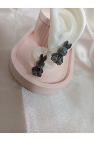 Gri Peluş Tavşanlı Küpe