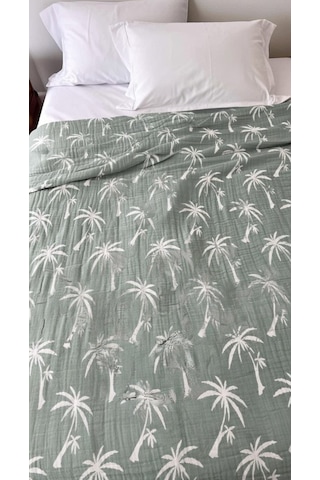 Palmiye Desen 4 Katlı Müslin Pike Yatak Örtüsü Battal Boy 240x260 Cm Yeşil