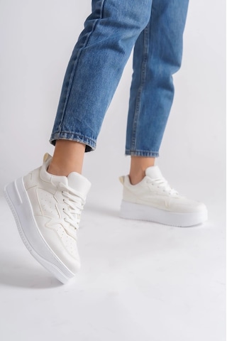 Mevese Avela Kalın Taban Bağcıklı Günlük Kadın Sneaker Beyaz Detaylı Kırık Beyaz