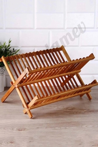 Madamev 2 Katlı Bambu Katlanabilir Tabaklık Bulaşıklık Büyük Boy Mutfak Dekoratif Bulaşık Kurutma Ra Bambu