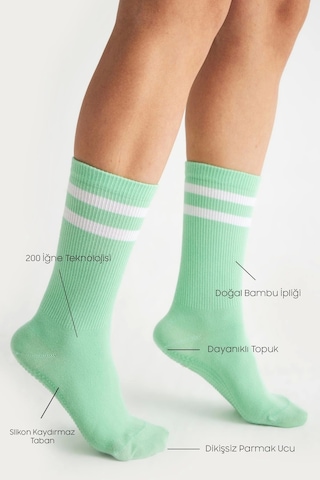 Bambu Kadın Yeşil Kaydırmaz Taban Silikon Baskı Yoga Fitness Pilates Bale Dans Tenis Çorabı Çok Renkli