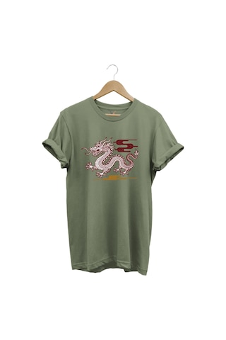 Mitolojik Asya Çin Ejderha Baskılı %100 Pamuk Regular Fit Bisiklet Yaka Haki T-shirt Haki