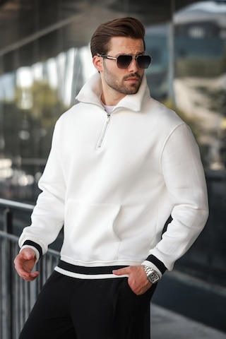 Madmext Ekru Fermuarlı Dik Yaka Kanguru Cep Erkek Sweatshirt E7159 Ekru