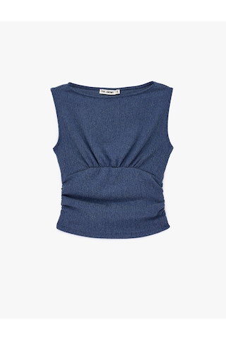 Koton Büzgülü Kayık Yaka Slim Fit Bürümcük Kolsuz Bluz Mavi 6sal30170ık