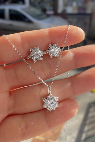 Gümüş Lotus Çiçeği Kolye Küpe Set Takım 22s122 Altın - Gümüş