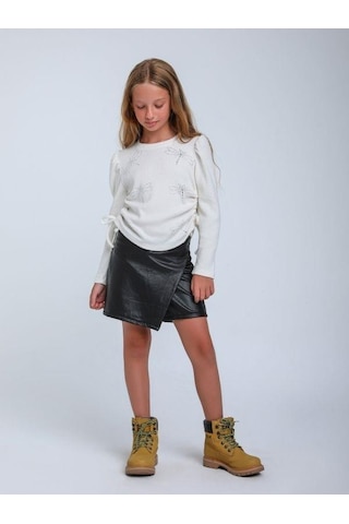 Kız Çocuk Fitilli Taş İşleme Yusufcuk Detaylı Bluz-14309 Ekru