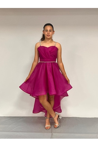 Kız Çocuk Abiye Fuşya Taş Kordon Askılı Kalp Yaka Kuyruklu Şifon Abiye Elbise 9-16 Yaş Fuşya