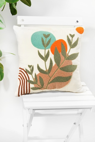 Bohem Tarzı Punch Nakışlı Kırlent Kılıfı 45x45 Cm, Beyaz Kumaş, Dekoratif Yastık Kılıfı Karışık/Çok Renkli