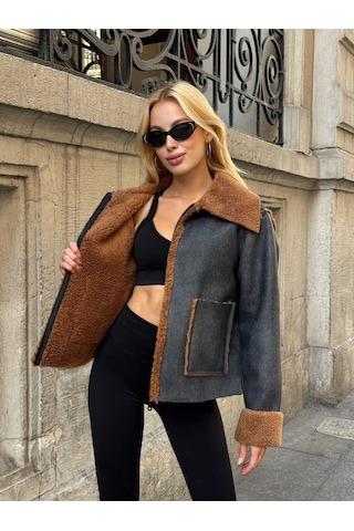 Kürk Detaylı Kışlık Denim Ceket Siyah