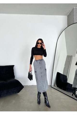 Zeo Basic Kargo Cepli Bel Lastikli Maxi Denim Etek Füme Füme Kar