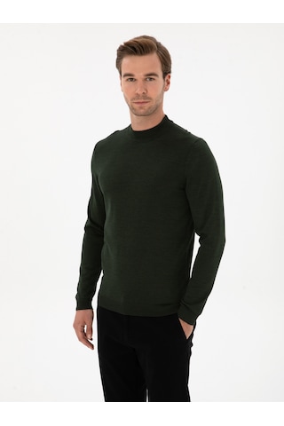 Cacharel Koyu Yeşil Slim Fit Yün Karışımlı Çeyrek Balıkçı Basic Triko Kazak Yesıl