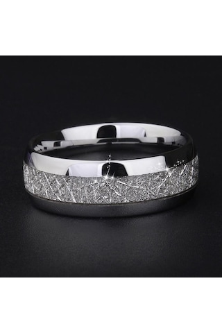 8mm Genişlik Meteorit Taşı Desenli Kakma Gümüş Rengi Tungsten Çelik Yüzük Çift Alyansı Nişan Takısı Arı Altın