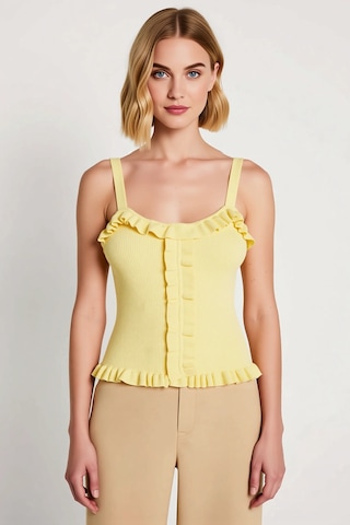 Benerly Kadın Bluz Crop Havuz Yaka Kolsuz Fitted Kesim İnce Triko Düz Des Sarı