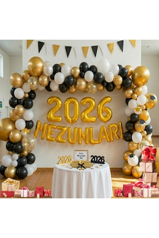 2026 Mezunları Gold Folyo Harf Beyaz Siyah Gold Balon Mezuniyet Temalı Süsleme Altın - Beyaz - Siyah