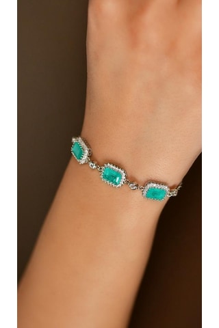 Roza Silver Paraiba Taşlı Rodyum Baget Anturaj Gümüş Bileklik