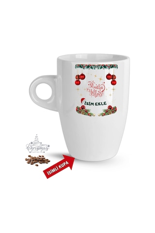 Yılbaşı Hediyesi Mutlu Yıllar Christmas İsimli Baskılı Porselen Latte Kupa Bardak Beyaz Beyaz