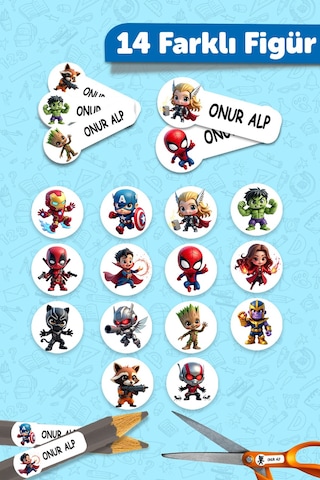 Okul Etiketi Kalem Defter İsimli Etiket Isim Yazılabilen Marvel - 190 Adet Özel Tasarım Çok Renkli