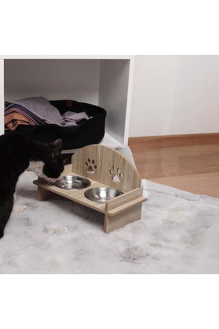 Gobypet Ahşap Kedi Mama Ve Su Kabı İle Paspası, Çift Hazneli Metal Mama Ve Su Kabı, Çift Hazneli Köpek Mama Kabı