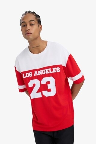 Defacto Defactofit Oversize Geniş Kalıp Bisiklet Yaka Baskılı Sporcu Kısa Kollu Tişört E4120ax25smrd256 Kırmızı