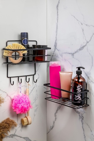 2'li Set Banyo Düzenleyici Şampuanlık Banyo Rafı 4 Kancalı Yapışkanlı Paslanmaz Siyah