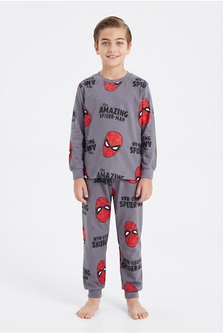 Bunny Hopp Erkek Çocuk Uzun Kollu Pijama Takımı %100 Pamuk Kırmızı Maske Desenli Penye Gri