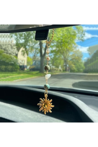 Yifomall Araç Geribakış Aynası Süsü: Yeşil Altın İki Renkli Bohem Gelişimli Elden Yapımı Kristal Takı