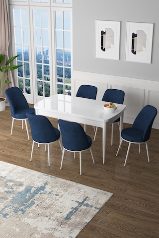 Canisa Zen Serisi 80x132 Mdf Açılabilir Beyaz Masa Takımı Ve 6 Lacivert Sandalye Masa Beyaz Sandalyeler Lacivert