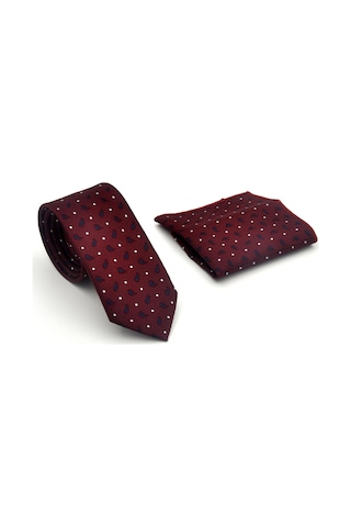 Gaffy Beyaz Lacivert Desenli Bordo Dokuma Kumaş Mendilli Slim Fit Kravat // Sdk-2612-4 Bordo