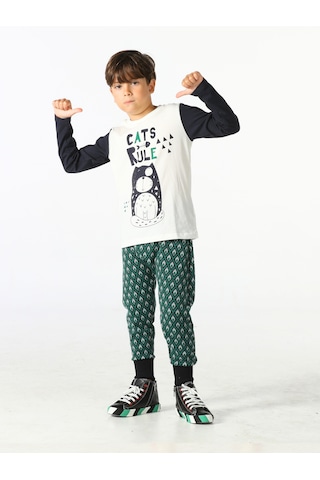 Casabony Cats Rule Erkek Çocuk Pantolon + T-Shirt Takım-Indigo - Beyaz İndigo - Beyaz