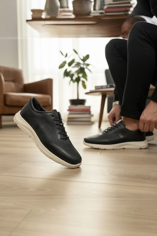Enoch Hakiki Deri Siyah Beyaz Yüksek Tabanlı Erkek Sneaker Ayakkabı Ortopedik Taban Siyah