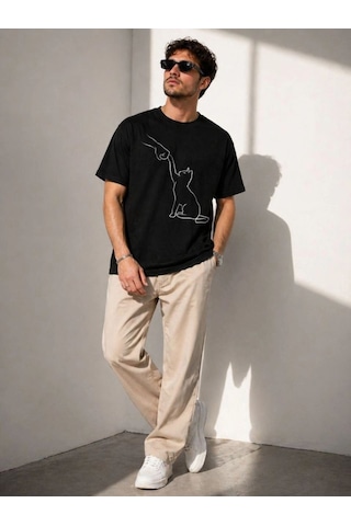 Vexor Erkek Minimal Kedi Çizim Baskılı Tişört Kısa Kol Yazlık T-shirt - Siyah 444349