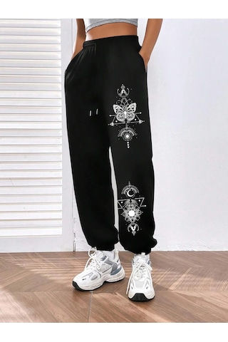 Butterfly Print Elastic Waist 4 Mevsim Eşofman Siyah