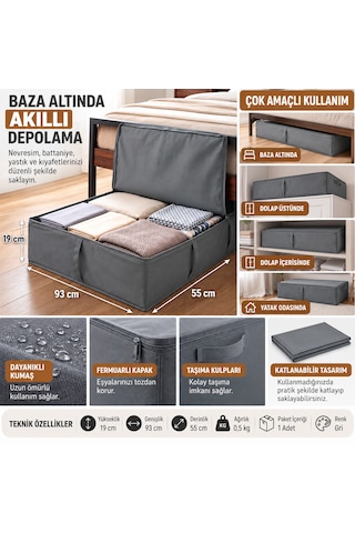 Baza Altı Kapaklı Saklama Hurcu 93x55x19 Cm Gri Çok Amaçlı Yorgan, Nevresim Ve Kıyafet Düzenleyici Organizer